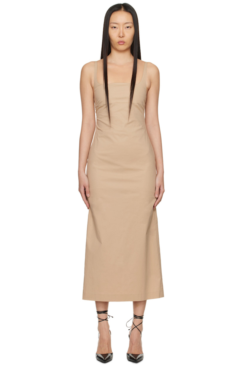 Stretch cotton poplin dress. 

· Square neck 
· Adjustable shoulder straps 
· Shirring at low back 
· Zip closure 
· Vent at back hem 
· Partial polyester satin lining 

Supplier color: Beige