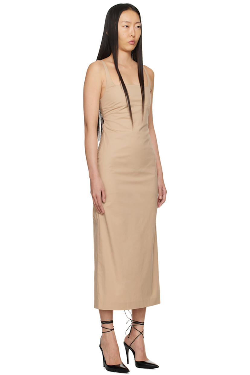 Stretch cotton poplin dress. 

· Square neck 
· Adjustable shoulder straps 
· Shirring at low back 
· Zip closure 
· Vent at back hem 
· Partial polyester satin lining 

Supplier color: Beige