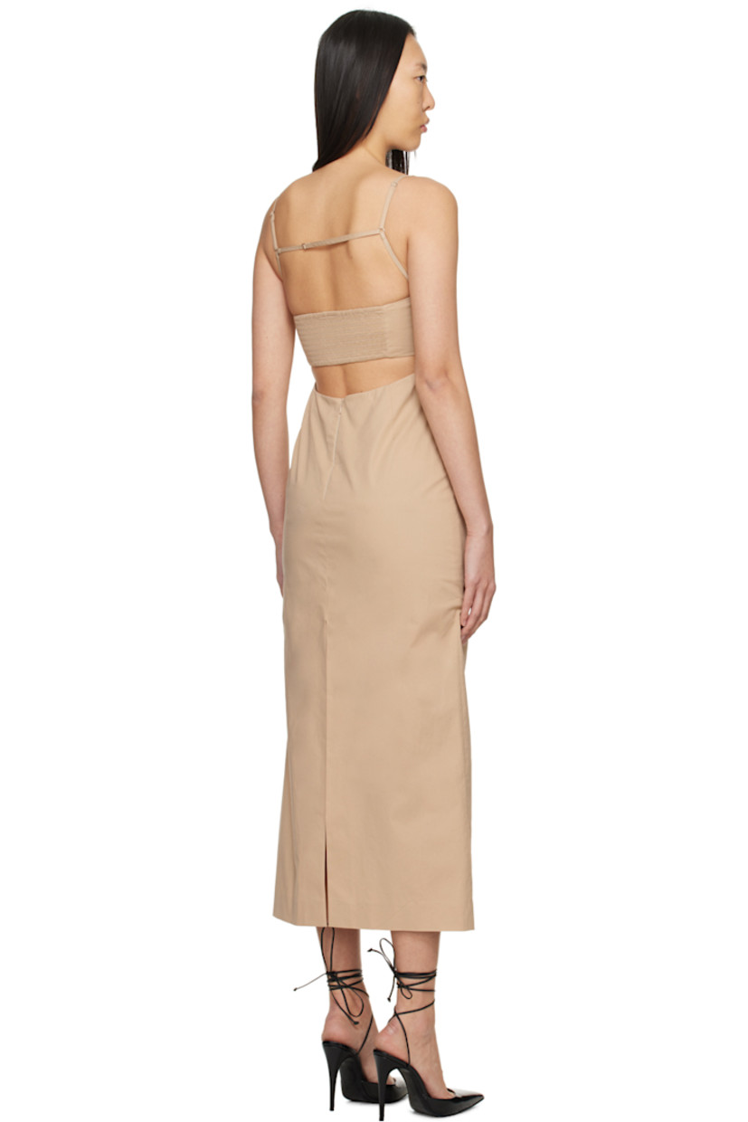 Stretch cotton poplin dress. 

· Square neck 
· Adjustable shoulder straps 
· Shirring at low back 
· Zip closure 
· Vent at back hem 
· Partial polyester satin lining 

Supplier color: Beige