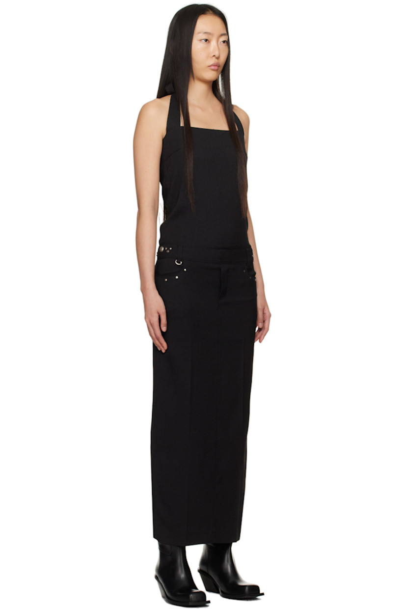 Stretch polyester canvas dress.

· Square neck
· Graphic hardware at front and side seams
· Belt loops and D-ring hardware at waist
· Welt pockets
· Mock-fly
· Self-tie halter straps
· Concealed zip closure at side seam
· Central vent at back hem
· Full poplin lining

Supplier color: Black