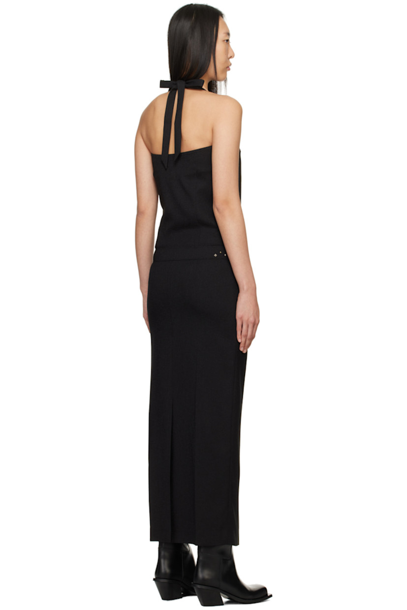 Stretch polyester canvas dress.

· Square neck
· Graphic hardware at front and side seams
· Belt loops and D-ring hardware at waist
· Welt pockets
· Mock-fly
· Self-tie halter straps
· Concealed zip closure at side seam
· Central vent at back hem
· Full poplin lining

Supplier color: Black