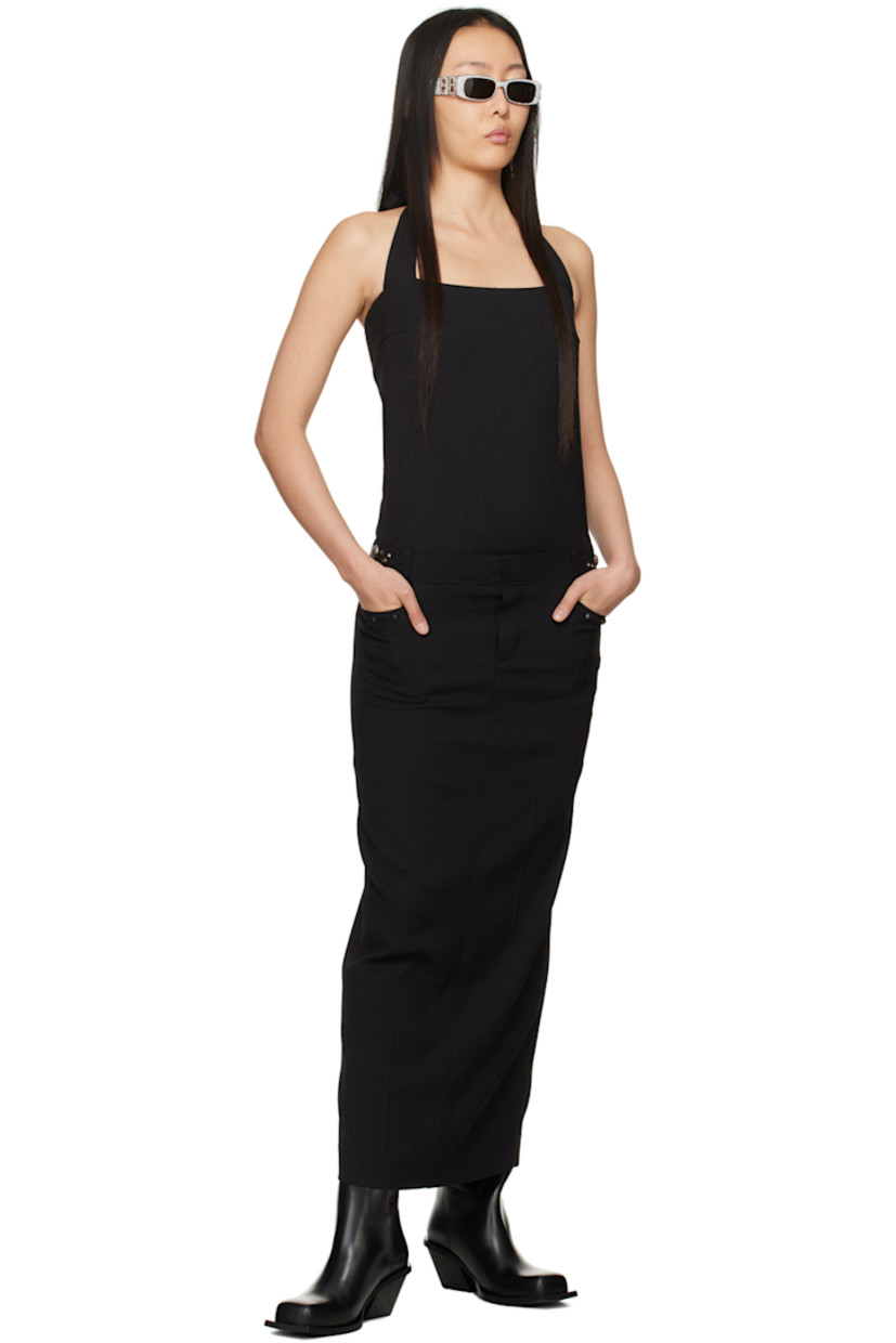 Stretch polyester canvas dress.

· Square neck
· Graphic hardware at front and side seams
· Belt loops and D-ring hardware at waist
· Welt pockets
· Mock-fly
· Self-tie halter straps
· Concealed zip closure at side seam
· Central vent at back hem
· Full poplin lining

Supplier color: Black