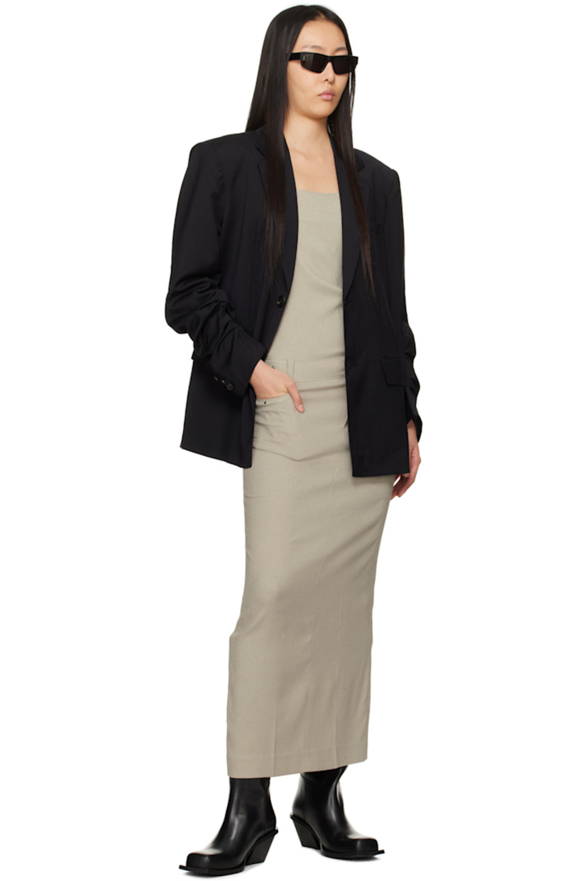 Stretch polyester canvas dress.

· Square neck
· Graphic hardware at front and side seams
· Belt loops and D-ring hardware at waist
· Welt pockets
· Mock-fly
· Self-tie halter straps
· Concealed zip closure at side seam
· Central vent at back hem
· Full poplin lining

Supplier color: Beige