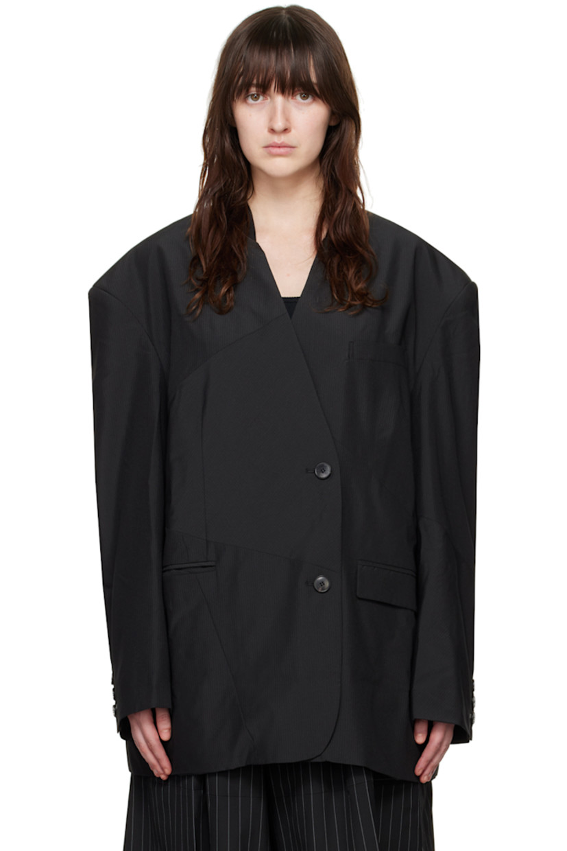 Stretch polyester- and wool-blend georgette blazer. Stripes throughout.

· Paneled construction
· Jersey stand collar
· Offset button closure
· Welt pocket and flap pockets
· Darts at front
· Padded dropped shoulders
· Three-button surgeon's cuffs
· Locker loop at back collar
· Twin vents at back hem
· Full logo-woven satin lining
· Logo-engraved black hardware

Supplier color: Black