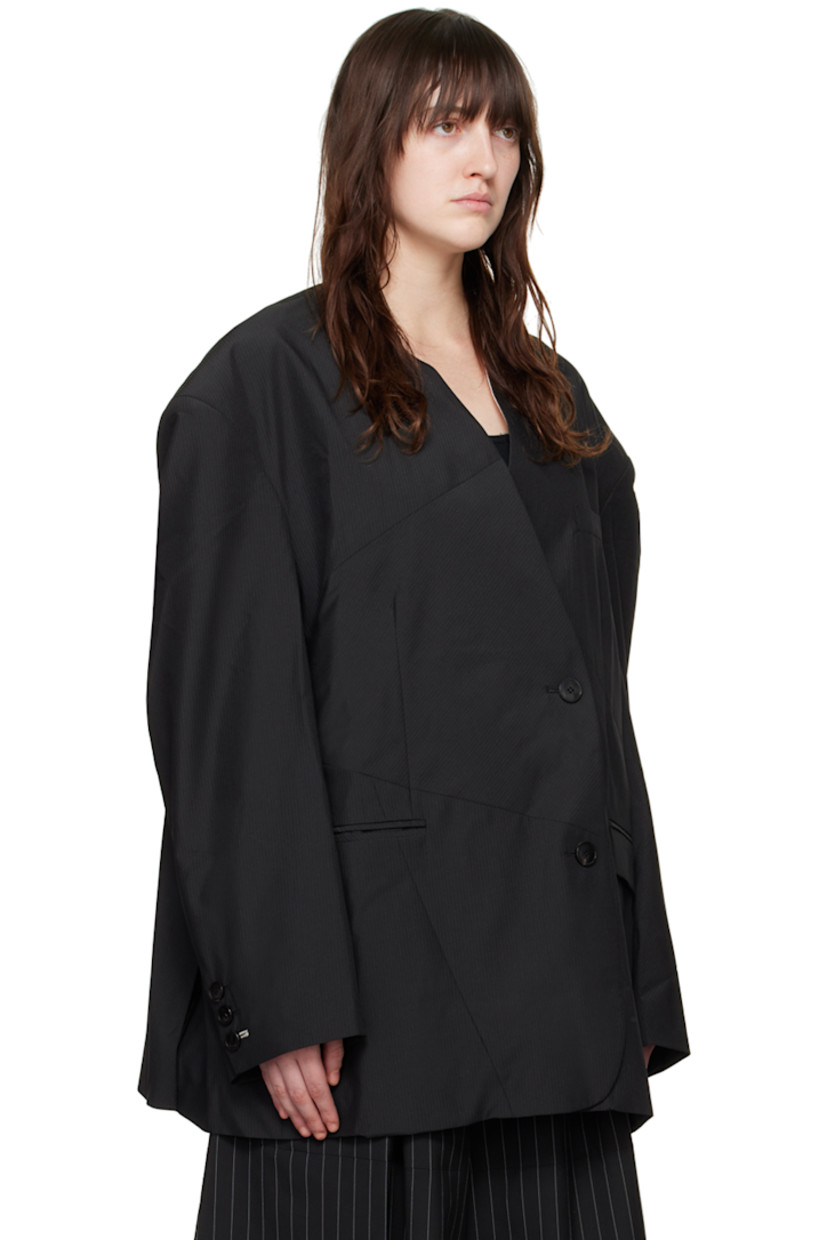 Stretch polyester- and wool-blend georgette blazer. Stripes throughout.

· Paneled construction
· Jersey stand collar
· Offset button closure
· Welt pocket and flap pockets
· Darts at front
· Padded dropped shoulders
· Three-button surgeon's cuffs
· Locker loop at back collar
· Twin vents at back hem
· Full logo-woven satin lining
· Logo-engraved black hardware

Supplier color: Black