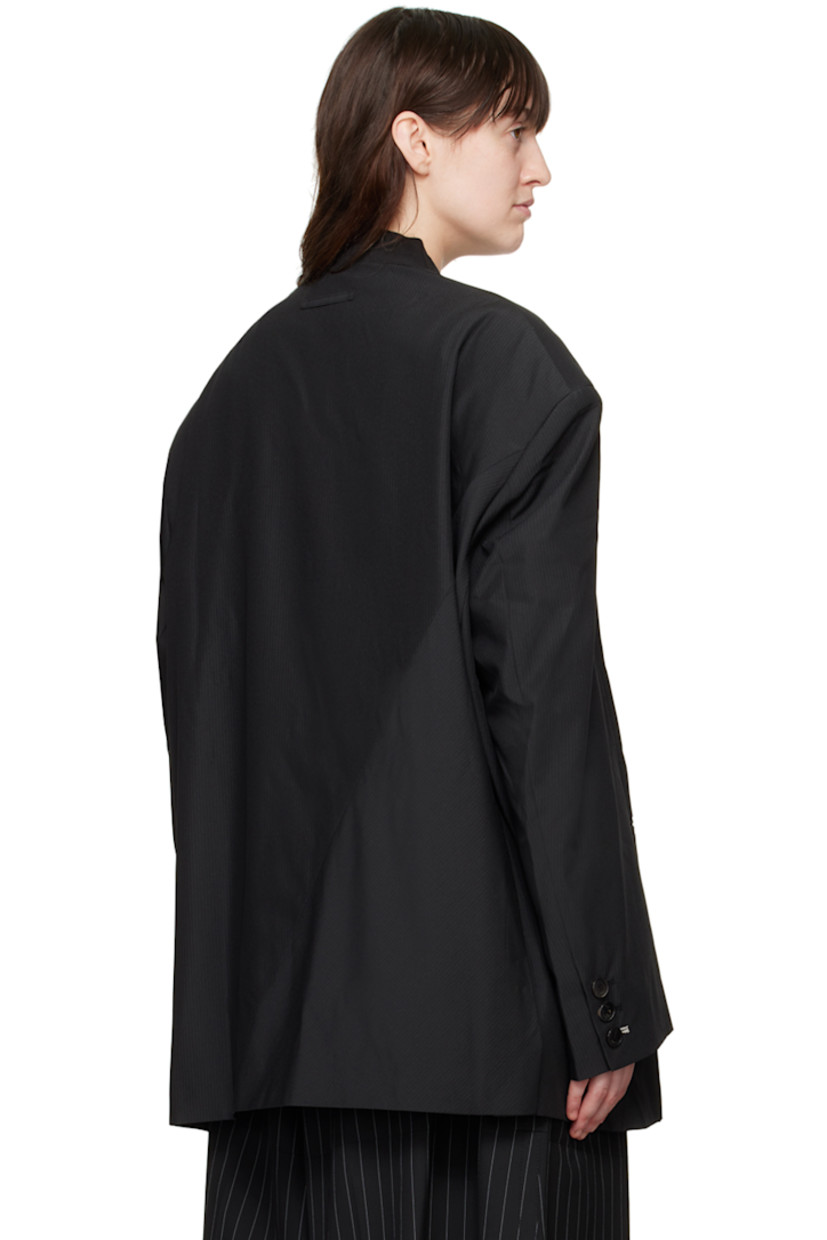 Stretch polyester- and wool-blend georgette blazer. Stripes throughout.

· Paneled construction
· Jersey stand collar
· Offset button closure
· Welt pocket and flap pockets
· Darts at front
· Padded dropped shoulders
· Three-button surgeon's cuffs
· Locker loop at back collar
· Twin vents at back hem
· Full logo-woven satin lining
· Logo-engraved black hardware

Supplier color: Black