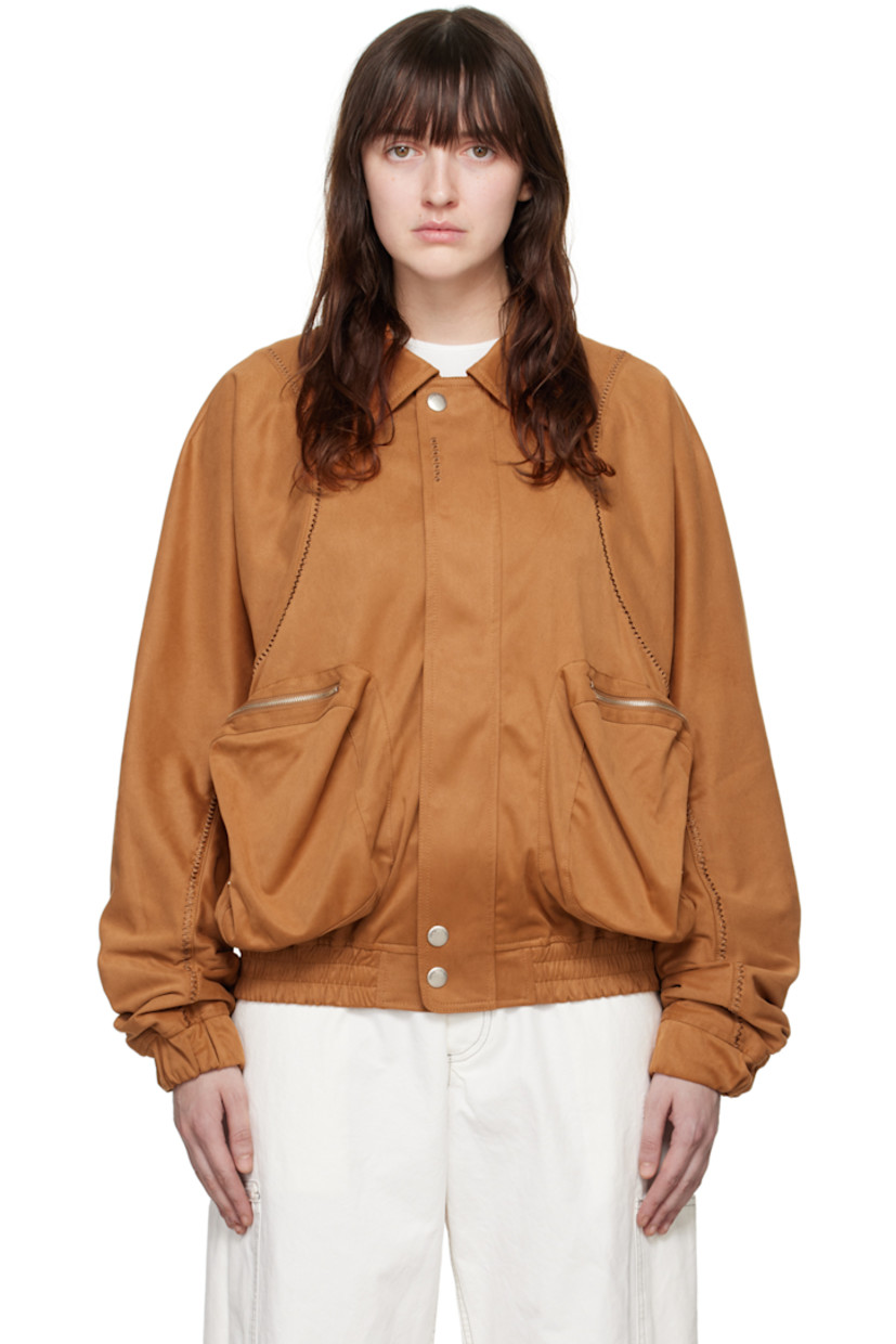 Faux-suede bomber jacket. Embroidered detailing throughout.

· Spread collar
· Two-way zip closure with press-stud placket
· Zip pockets
· Elasticized hem and cuffs
· Yoke sleeves
· Locker loop at back yoke
· Logo embroidered at back
· Full satin lining
· Logo-engraved silver-tone hardware

Supplier color: Brown