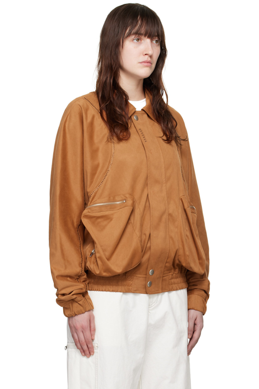 Faux-suede bomber jacket. Embroidered detailing throughout.

· Spread collar
· Two-way zip closure with press-stud placket
· Zip pockets
· Elasticized hem and cuffs
· Yoke sleeves
· Locker loop at back yoke
· Logo embroidered at back
· Full satin lining
· Logo-engraved silver-tone hardware

Supplier color: Brown