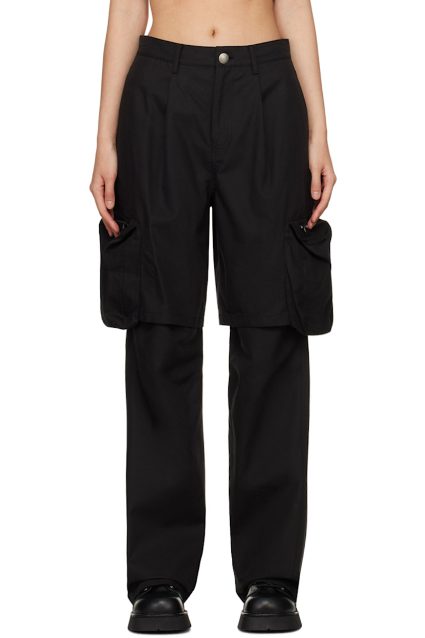 Cotton- and rayon-blend twill cargo pants.

· Layered construction
· Belt loops 
· Concealed cord-lock drawstring at waistband
· Four-pocket styling
· Zip-fly
· Pleats at shorts-style overlay 
· Bellows pocket at outseams
· Leather logo patch at back waistband

Supplier color: Black