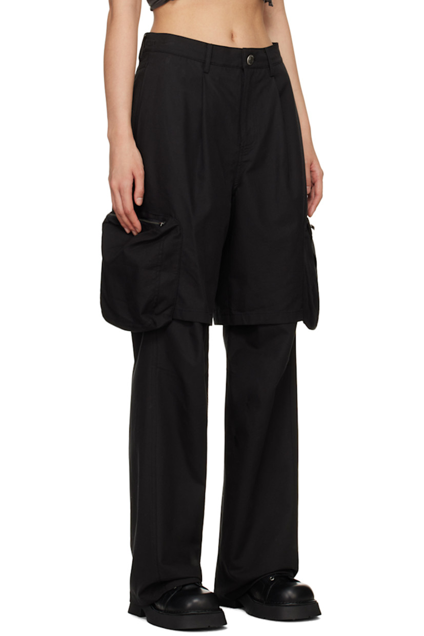 Cotton- and rayon-blend twill cargo pants.

· Layered construction
· Belt loops 
· Concealed cord-lock drawstring at waistband
· Four-pocket styling
· Zip-fly
· Pleats at shorts-style overlay 
· Bellows pocket at outseams
· Leather logo patch at back waistband

Supplier color: Black