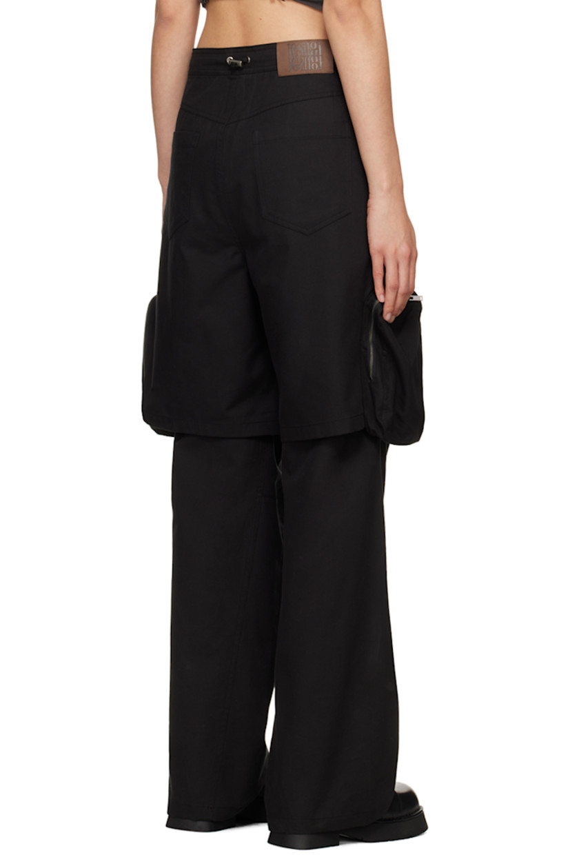 Cotton- and rayon-blend twill cargo pants.

· Layered construction
· Belt loops 
· Concealed cord-lock drawstring at waistband
· Four-pocket styling
· Zip-fly
· Pleats at shorts-style overlay 
· Bellows pocket at outseams
· Leather logo patch at back waistband

Supplier color: Black