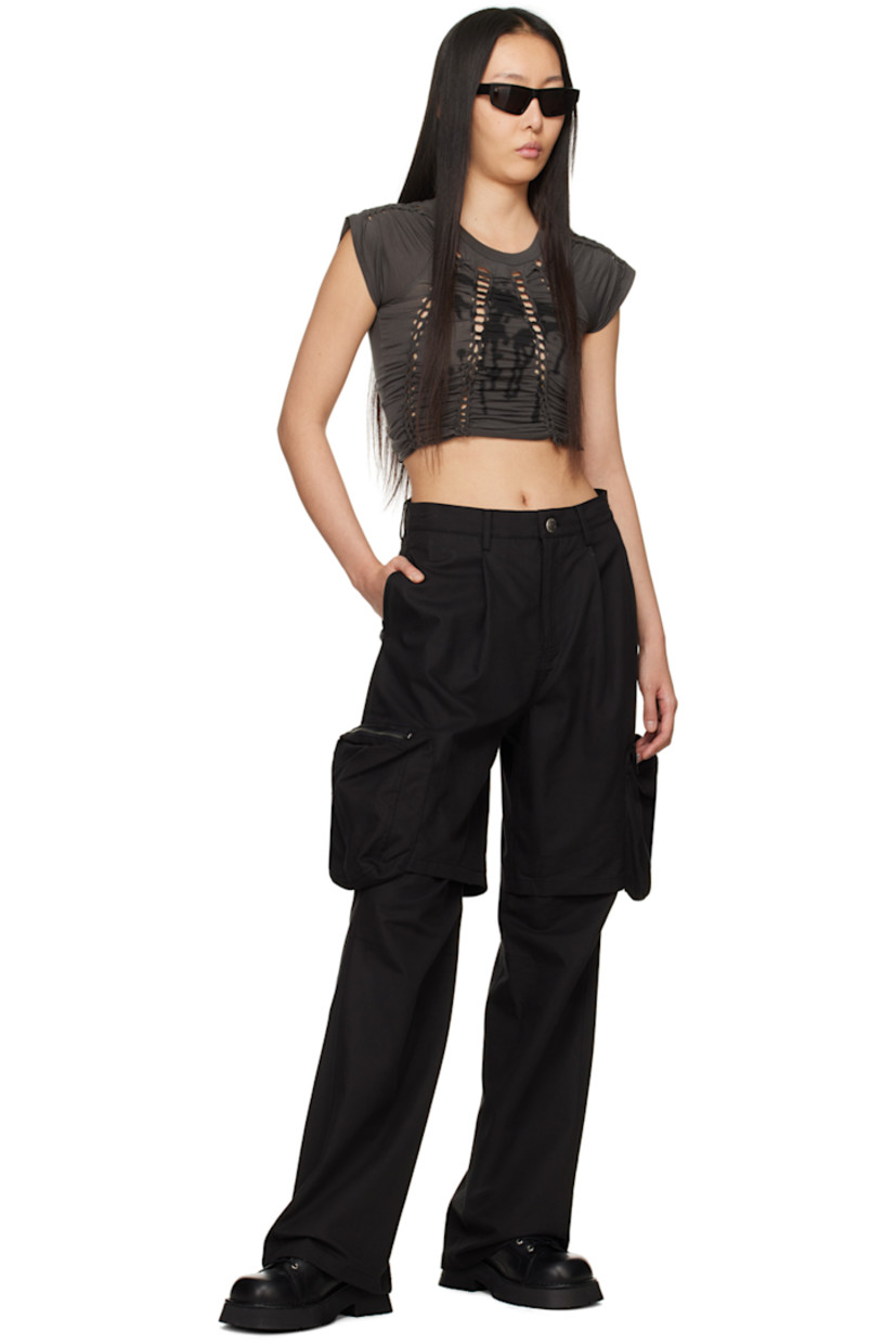Cotton- and rayon-blend twill cargo pants.

· Layered construction
· Belt loops 
· Concealed cord-lock drawstring at waistband
· Four-pocket styling
· Zip-fly
· Pleats at shorts-style overlay 
· Bellows pocket at outseams
· Leather logo patch at back waistband

Supplier color: Black