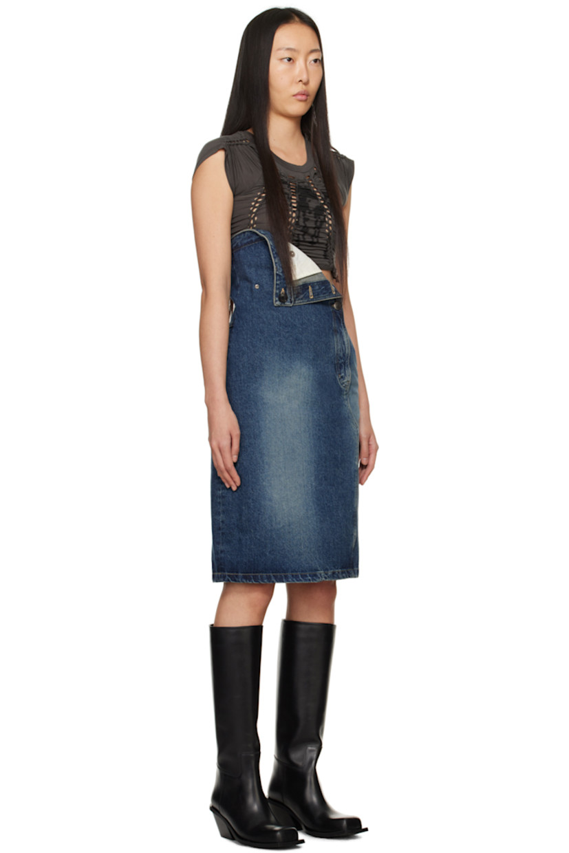 Non-stretch denim skirt. Fading throughout.

· Asymmetrical construction
· Belt loops at folded waistband
· Three-pocket styling
· Adjustable button fastenings at zip-fly for alternate styling
· Leather logo patch at back waistband
· Central vent at back hem
· Logo-engraved silver-tone hardware

Supplier color: Blue