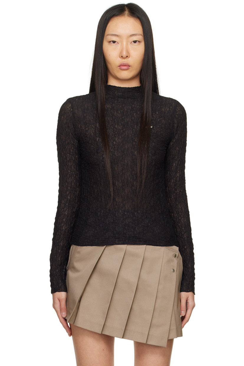 Semi-sheer stretch polyester T-shirt. Shirring throughout. 

· Mock neck 
· Logo plaque at chest 
· Lettuce edge hem and cuffs 
· Button closure at back 

Supplier color: Black