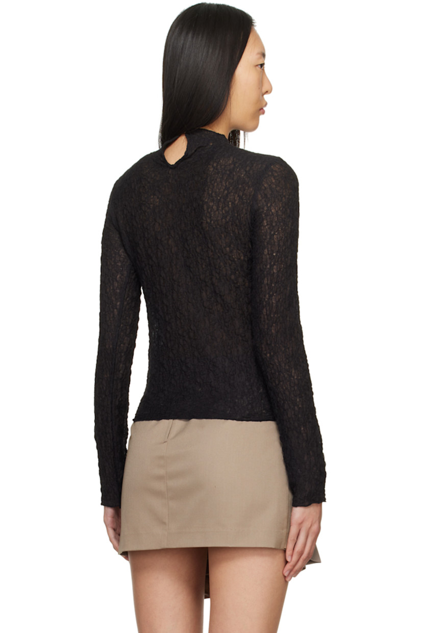 Semi-sheer stretch polyester T-shirt. Shirring throughout. 

· Mock neck 
· Logo plaque at chest 
· Lettuce edge hem and cuffs 
· Button closure at back 

Supplier color: Black