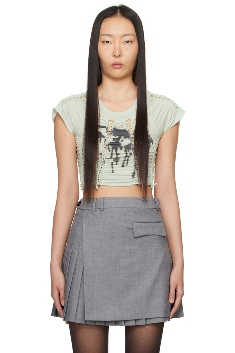 Stretch TENCEL™ jersey T-shirt. Braided detailing and ruching throughout.

· Crewneck
· Graphic printed at front
· Rolled edge at cropped hem
· Raglan cap sleeves

Supplier color: Sage