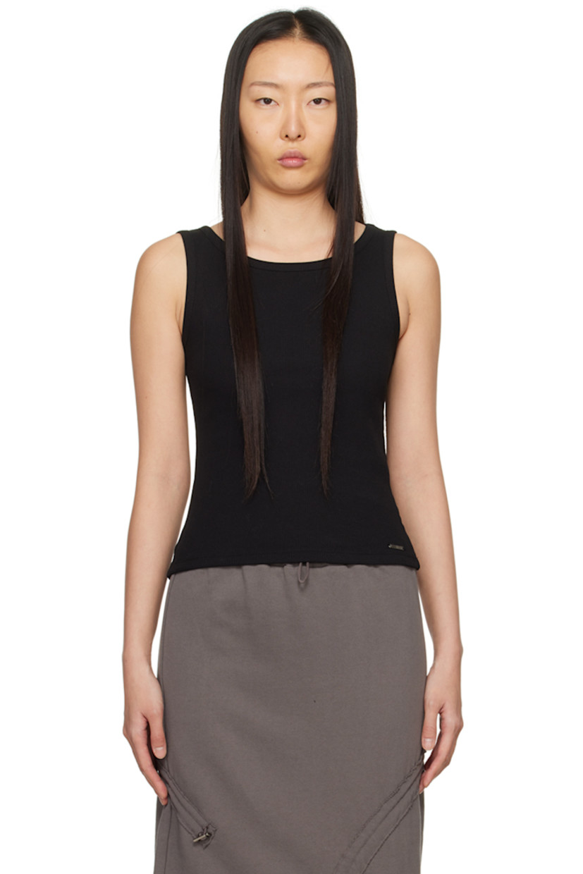 Cotton- and polyester-blend ribbed jersey tank top. 

· Boat neck 
· Logo plaque at hem 
· Cutouts at back 

Supplier color: Black