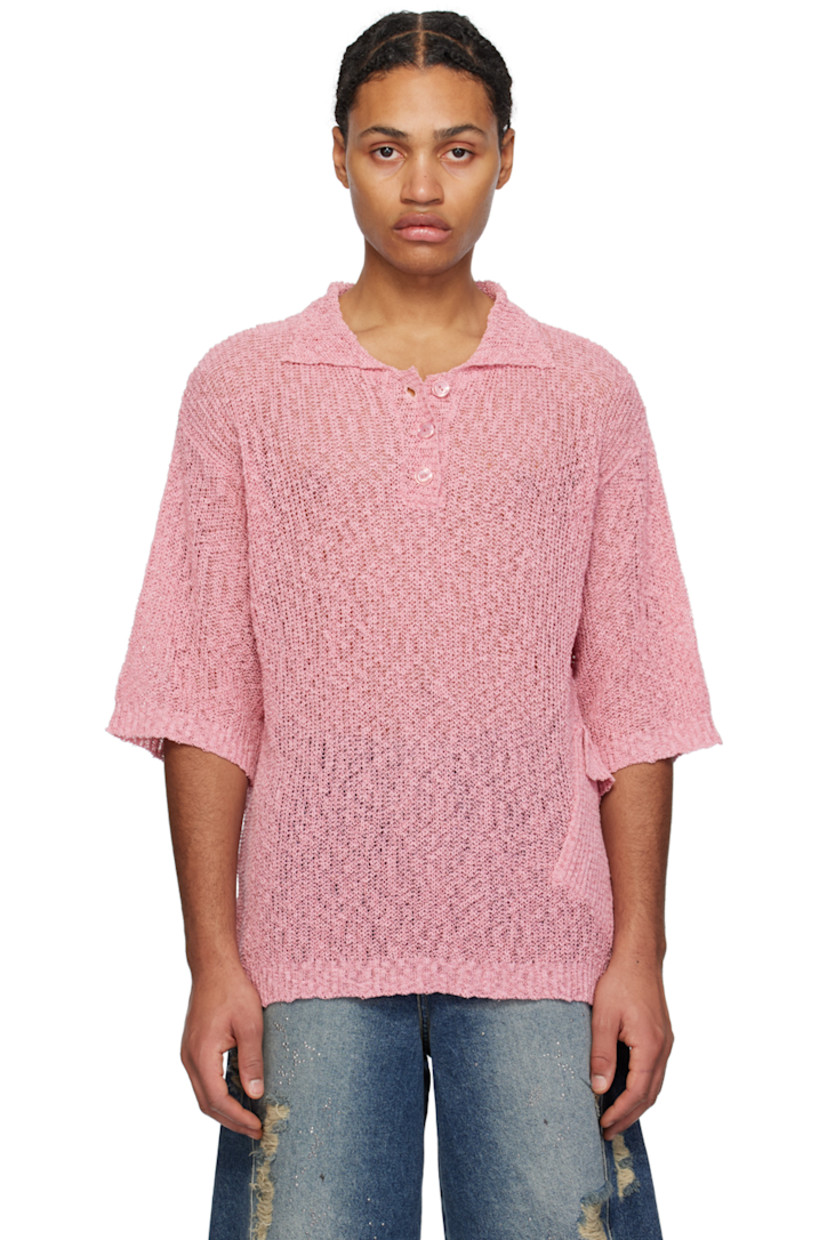 Open knit cotton-blend polo. 

· Spread collar
· Three-button placket
· Rib knit hem and cuffs 
· Flap pocket at side seam 

Supplier color: Pink