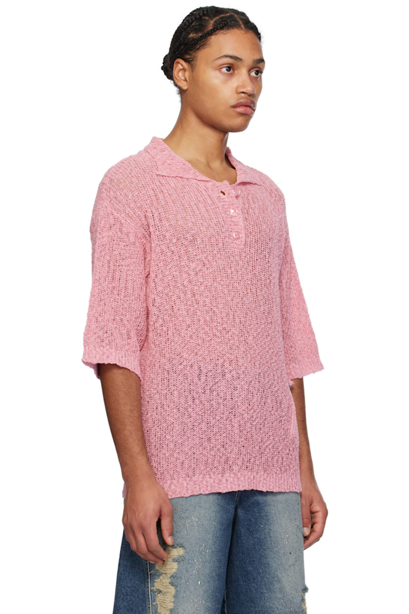 Open knit cotton-blend polo. 

· Spread collar
· Three-button placket
· Rib knit hem and cuffs 
· Flap pocket at side seam 

Supplier color: Pink