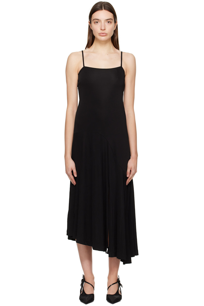 Viscose satin dress.

· Paneled construction 
· Square neck 
· Asymmetric peplum hem 
· Fixed spaghetti straps 

Supplier color: Black