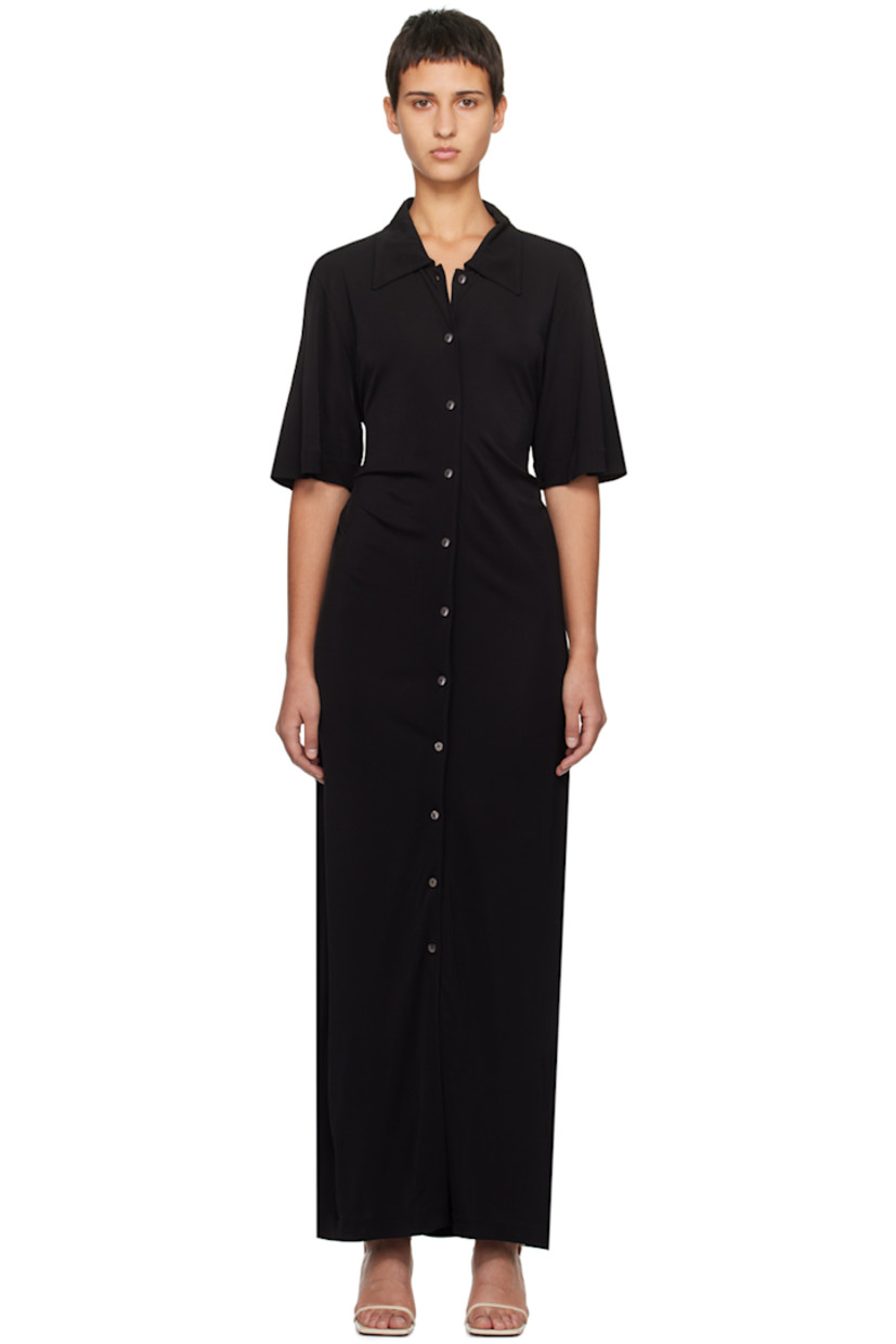 Viscose jersey dress.

· Spread collar
· Button closure
· Drawstring at low back
· Unlined

Supplier color: Black