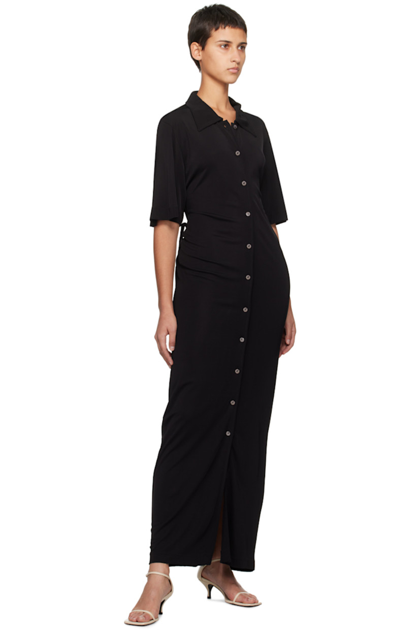 Viscose jersey dress.

· Spread collar
· Button closure
· Drawstring at low back
· Unlined

Supplier color: Black