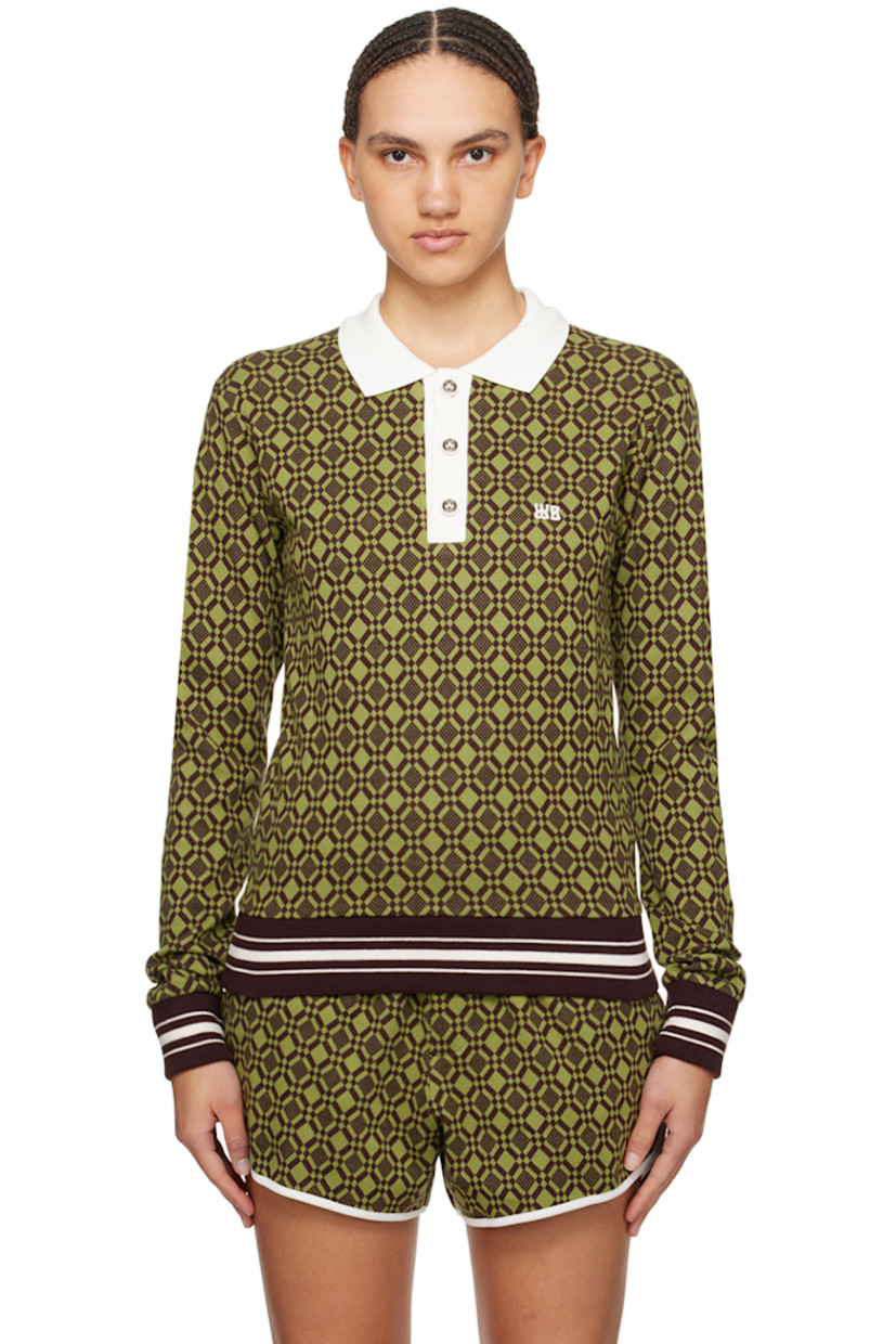 Knit stretch organic cotton polo. Jacquard graphic pattern throughout. 

· Rib knit spread collar
· Three-button placket
· Logo embroidered at chest
· Striped rib knit hem and cuffs

Supplier color: Olive/Dark brown