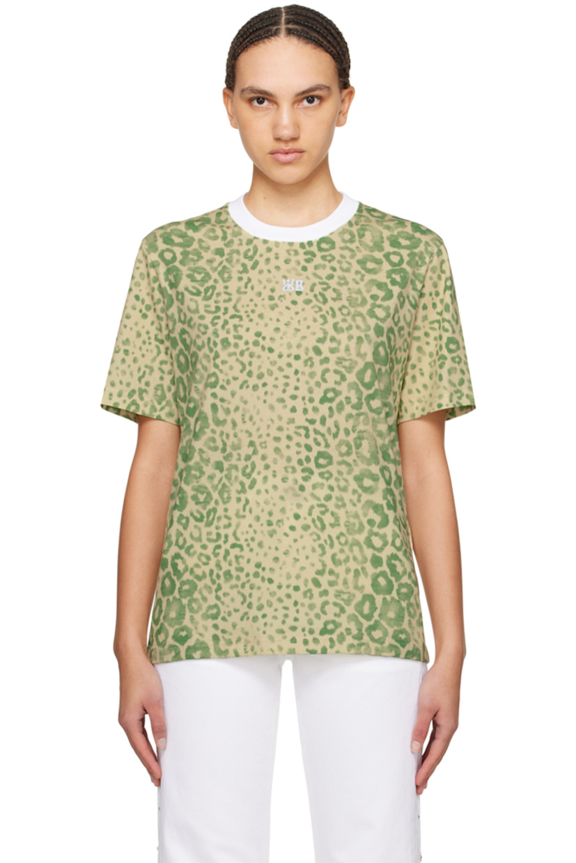 Organic cotton jersey T-shirt. Leopard pattern printed throughout. 

· Rib knit crewneck
· Logo embroidered at chest
· Logo printed at back collar

Supplier color: Green leopard