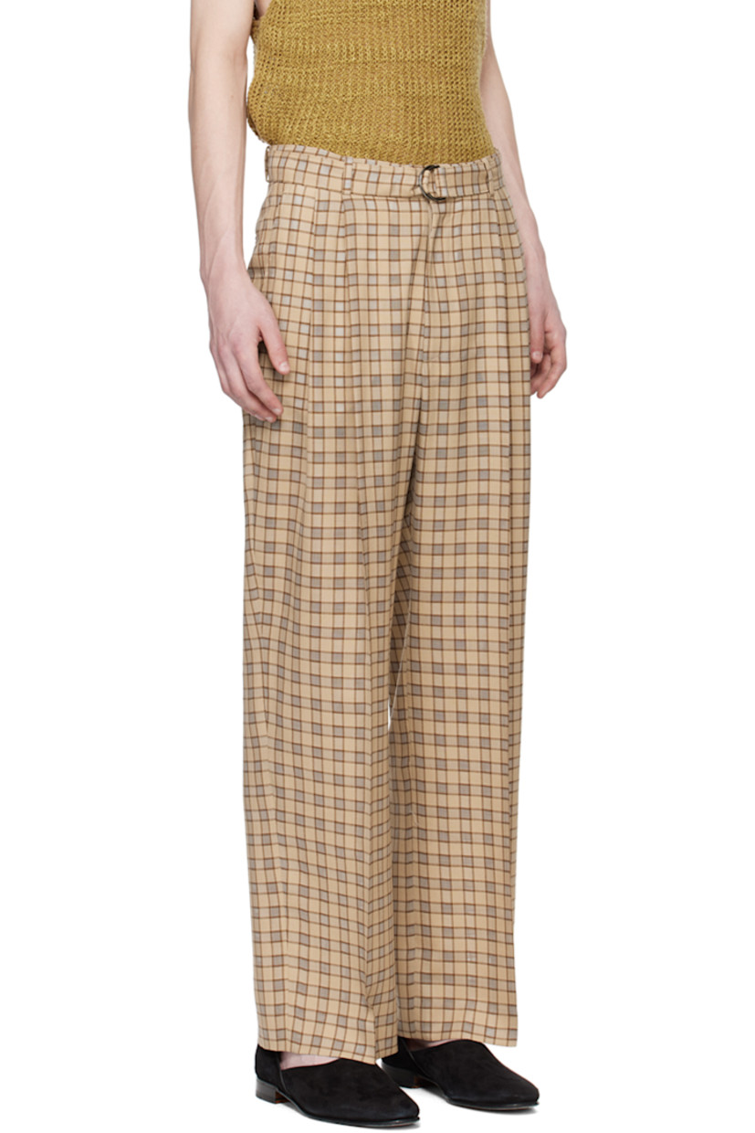 Relaxed-fit lightweight semi-sheer stretch wool twill trousers. Check pattern throughout. 

· Belt loops and integrated cinch belt
· Four-pocket styling 
· Zip fly 
· Pleats at front

Supplier color: Brown check