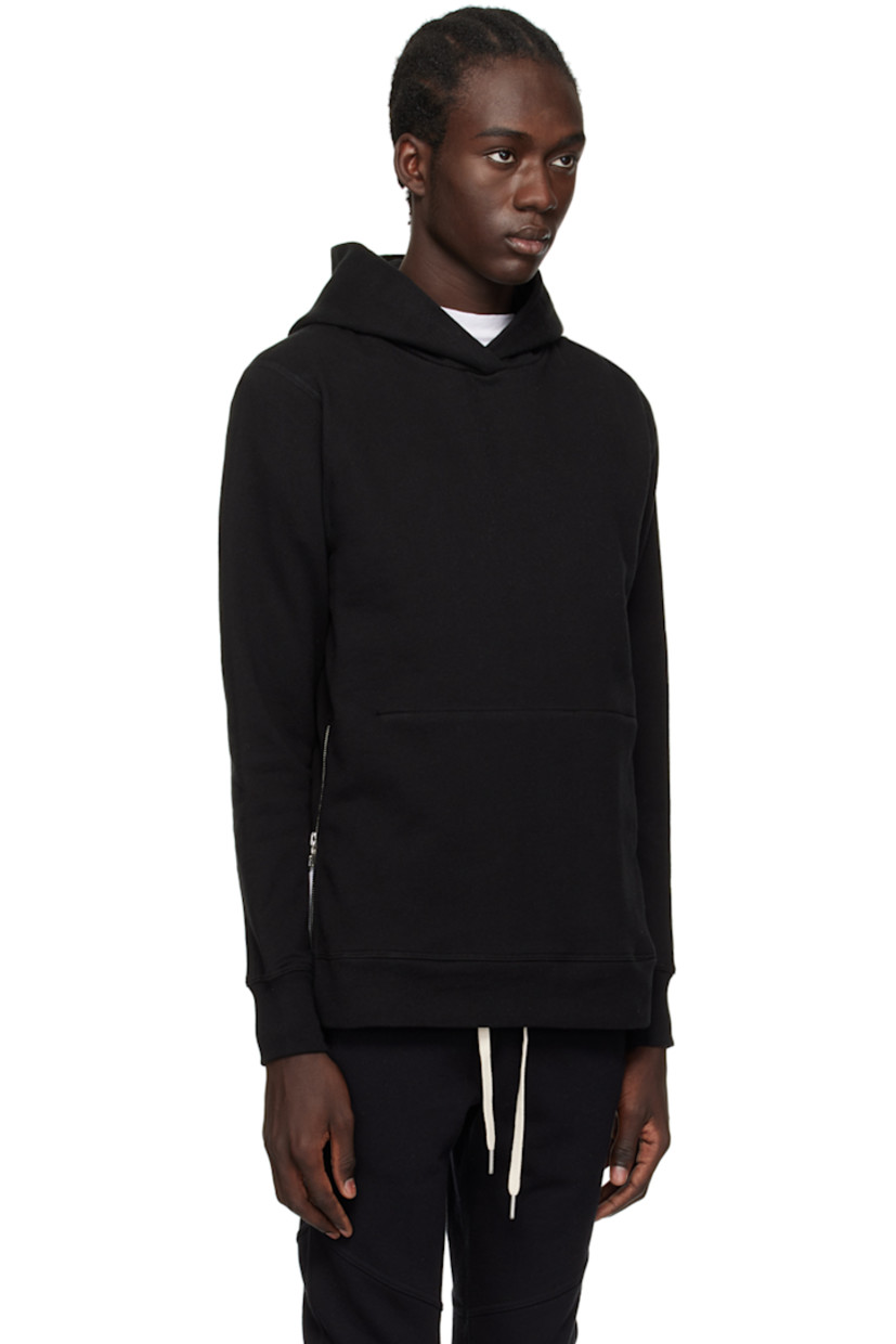 French terry hoodie.

· Droptail hem
· Zip vent at side seams
· Rib knit cuffs
· Kangaroo pocket at interior

Supplier color: Black