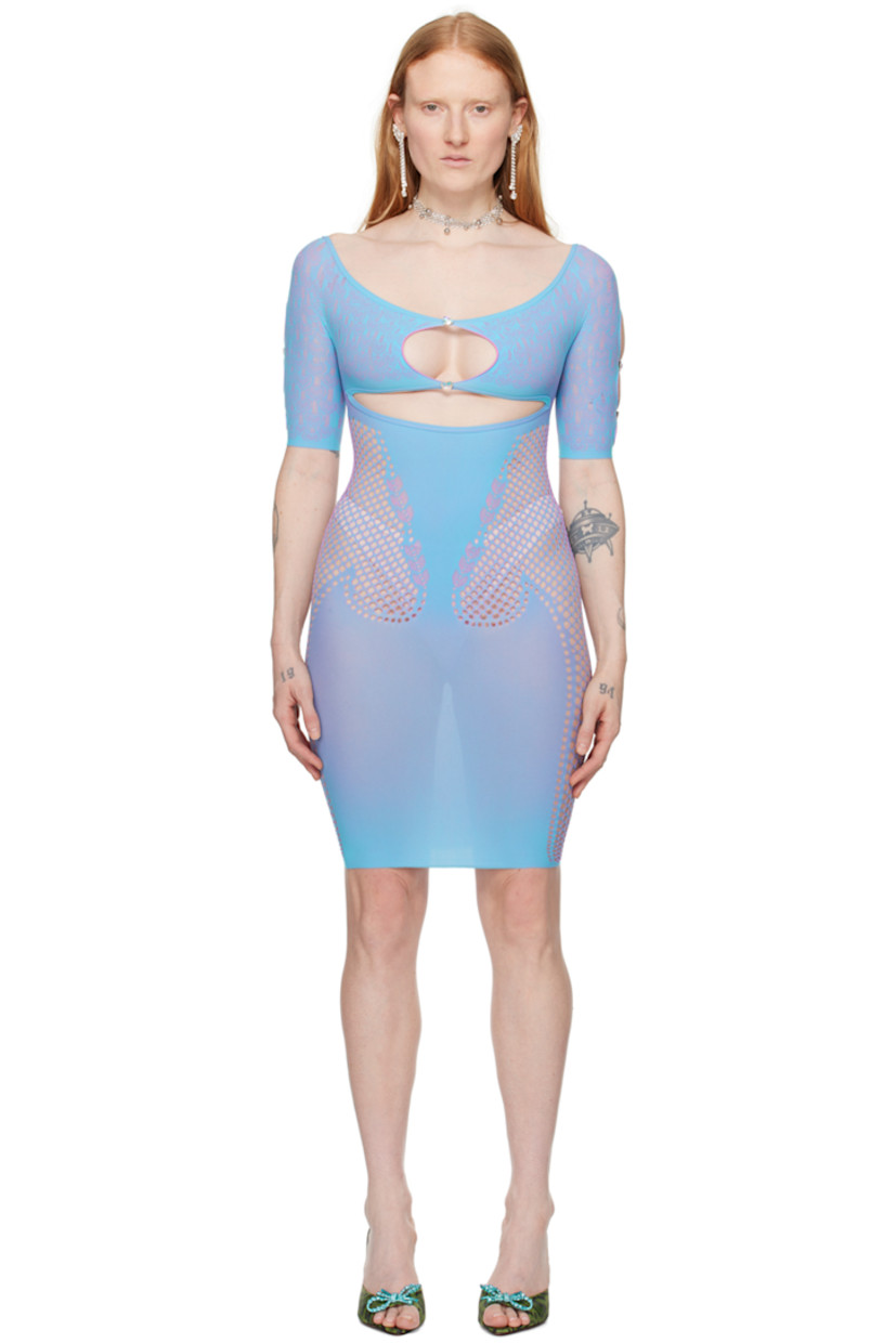 Stretch nylon- and polyester-blend jersey and mesh dress. Jacquard graphic pattern and cutouts throughout.

· Off-the-shoulder construction
· Graphic button hardware at front and sleeves
· Raw edge at cuffs

Supplier color: Crypto blue