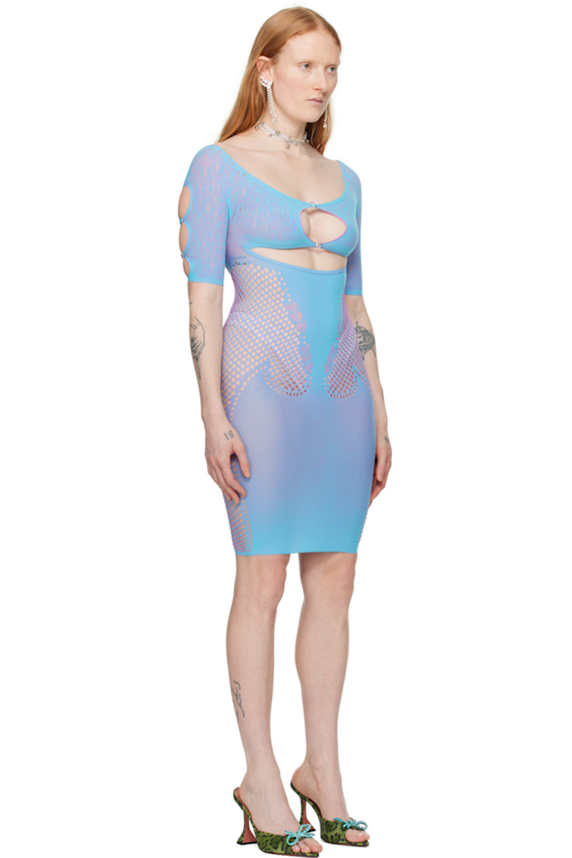 Stretch nylon- and polyester-blend jersey and mesh dress. Jacquard graphic pattern and cutouts throughout.

· Off-the-shoulder construction
· Graphic button hardware at front and sleeves
· Raw edge at cuffs

Supplier color: Crypto blue