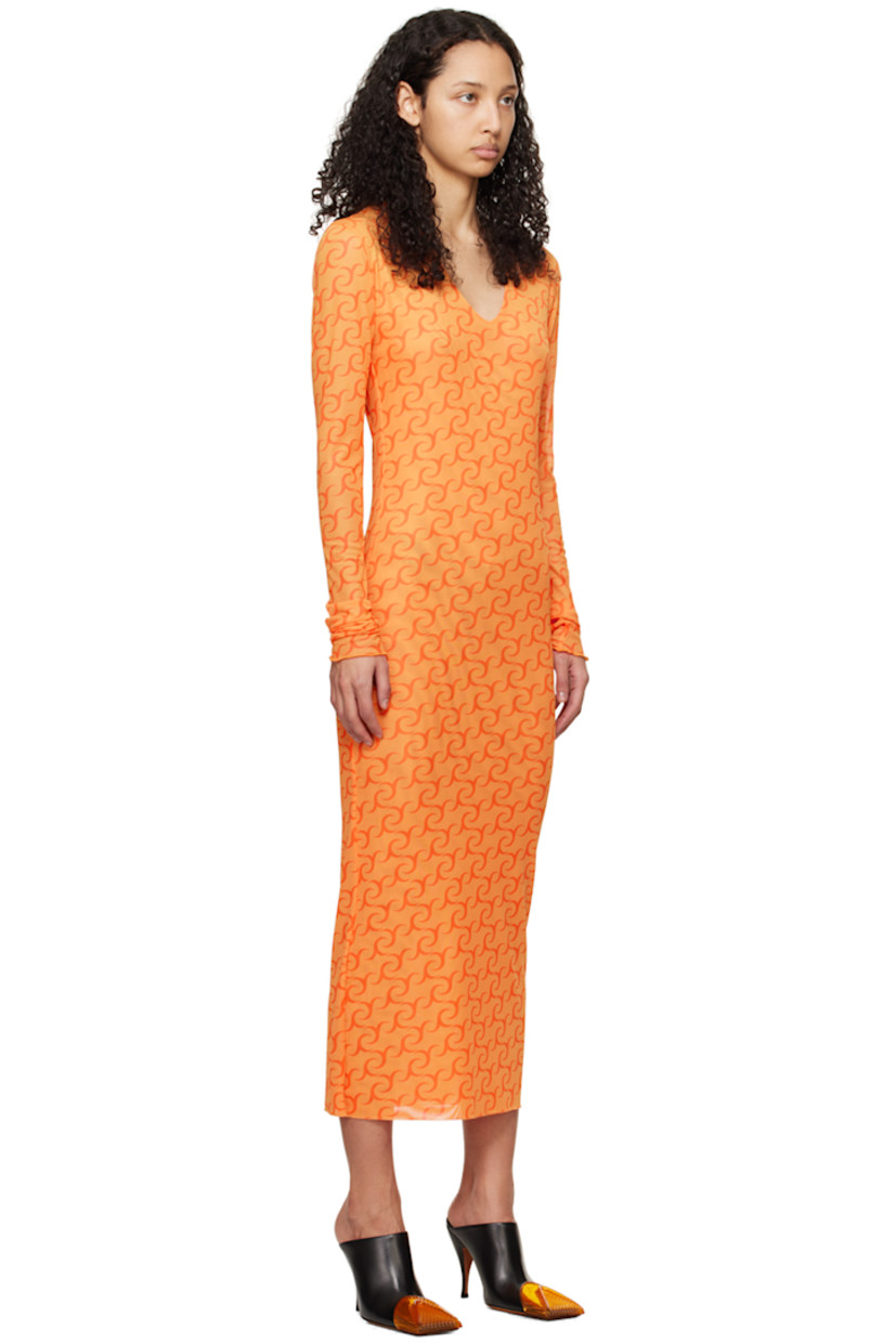 Semi-sheer stretch polyester mesh dress. Logo pattern printed throughout. 

· Layered construction
· V-neck 
· Raw edge at hem

Supplier color: Logo orange