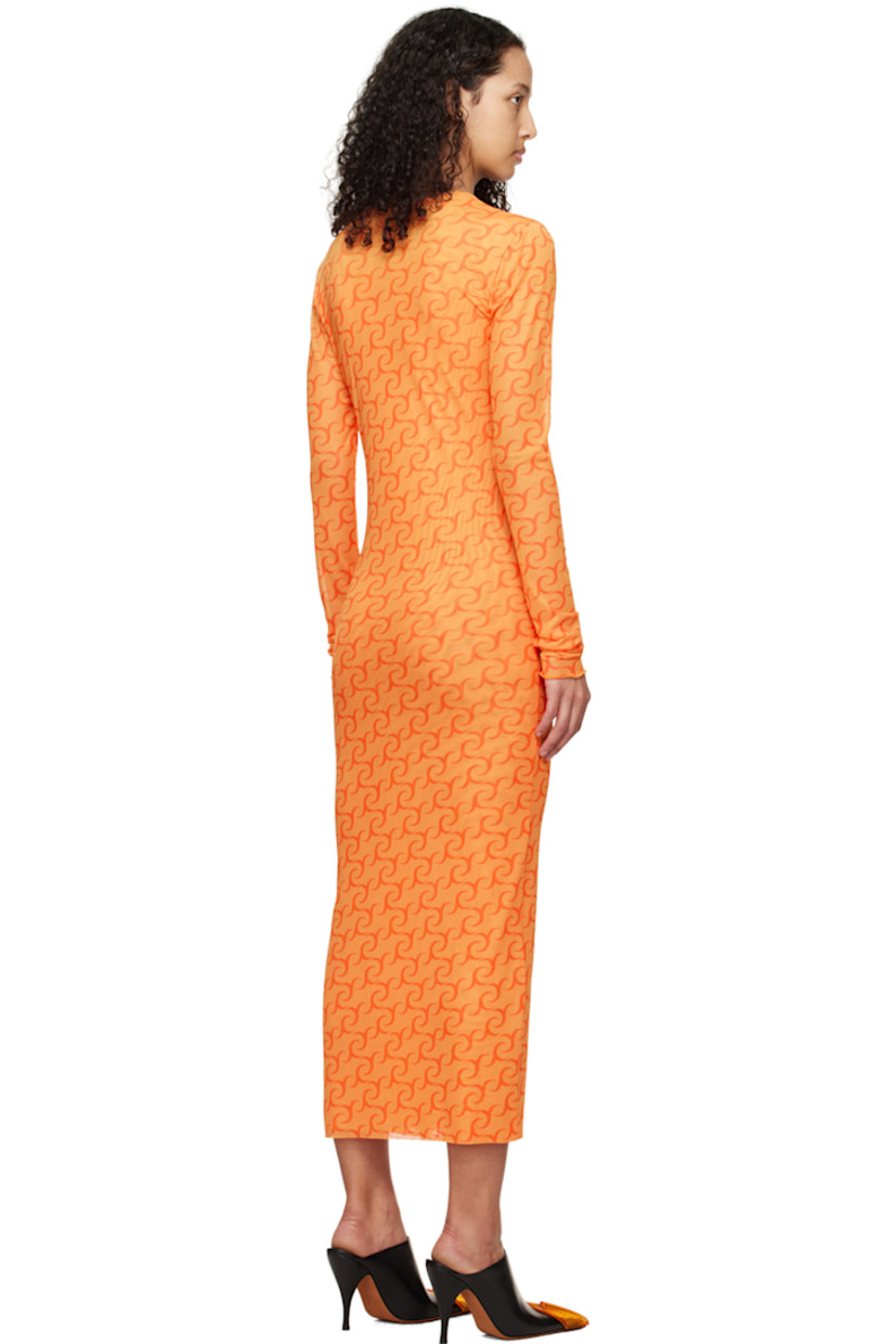 Semi-sheer stretch polyester mesh dress. Logo pattern printed throughout. 

· Layered construction
· V-neck 
· Raw edge at hem

Supplier color: Logo orange