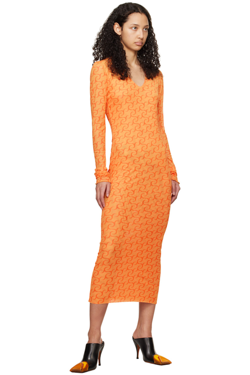 Semi-sheer stretch polyester mesh dress. Logo pattern printed throughout. 

· Layered construction
· V-neck 
· Raw edge at hem

Supplier color: Logo orange