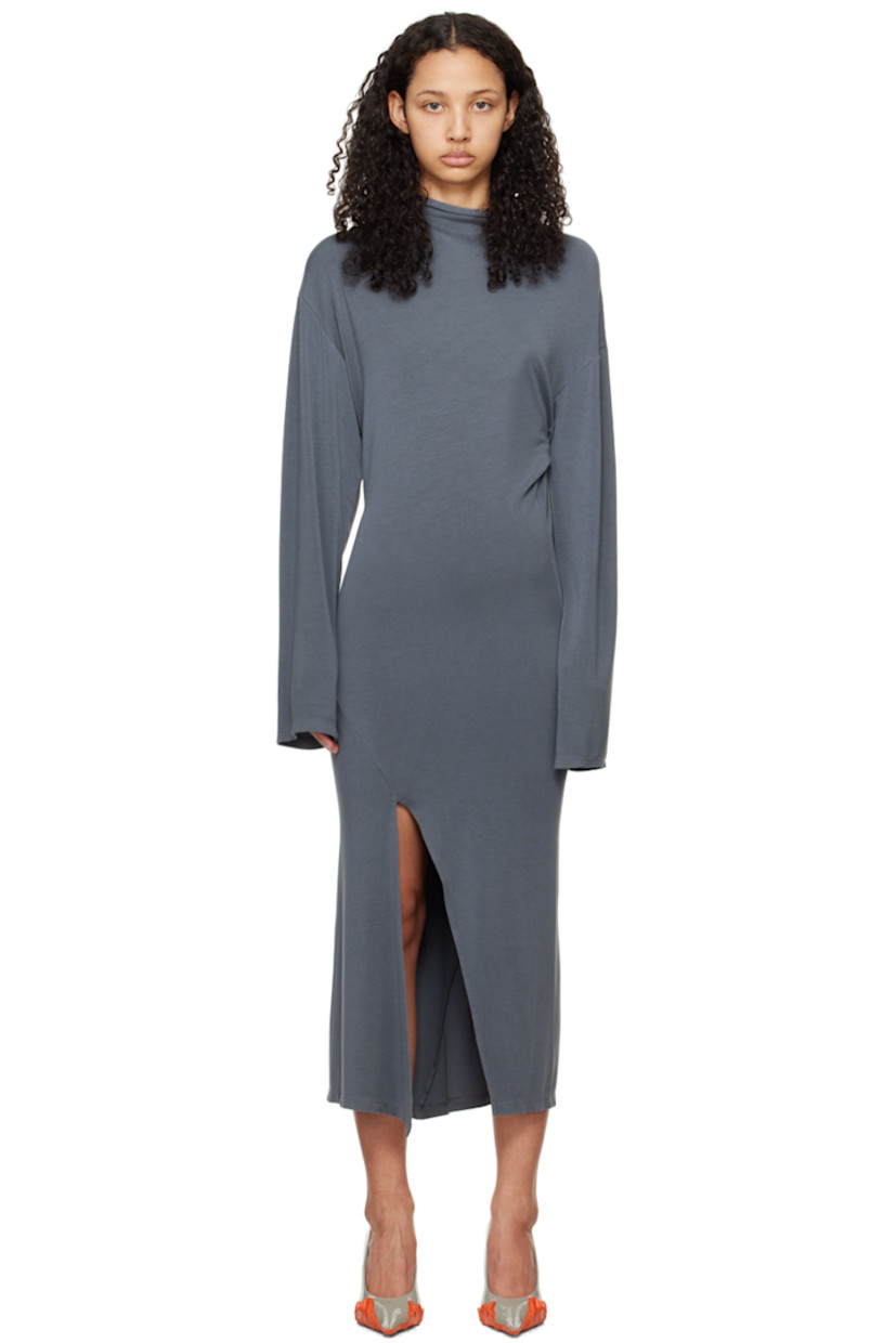 Stretch modal- and silk-blend jersey dress. 

· Crewneck
· Vented hem
· Dropped shoulders

Supplier color: Dye grey