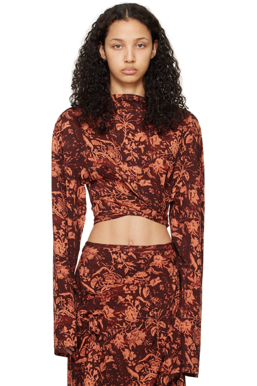 Viscose twill T-shirt. Floral pattern printed throughout. 

· Crewneck
· Self-tie straps at cropped hem

Supplier color: Brown/Orange