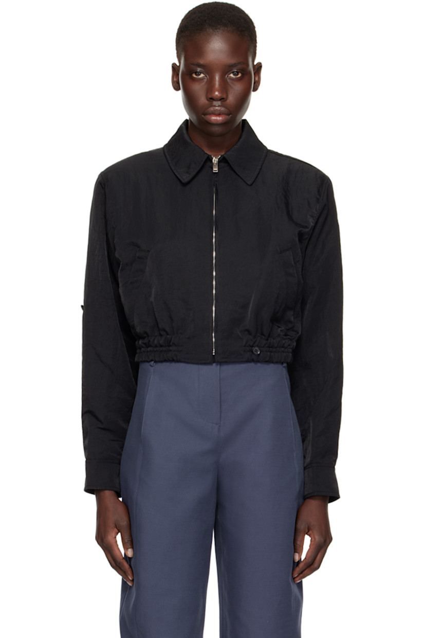 Crinkled nylon canvas jacket.

· Spread collar
· Zip closure
· Welt pockets
· Elasticized cropped hem
· Padded dropped shoulders
· Single-button barrel cuffs
· Full twill lining

Supplier color: Black