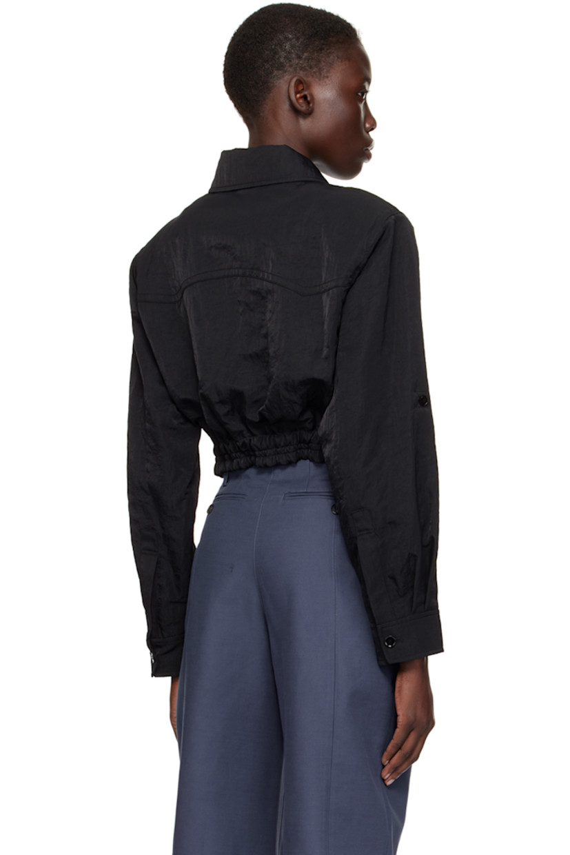 Crinkled nylon canvas jacket.

· Spread collar
· Zip closure
· Welt pockets
· Elasticized cropped hem
· Padded dropped shoulders
· Single-button barrel cuffs
· Full twill lining

Supplier color: Black