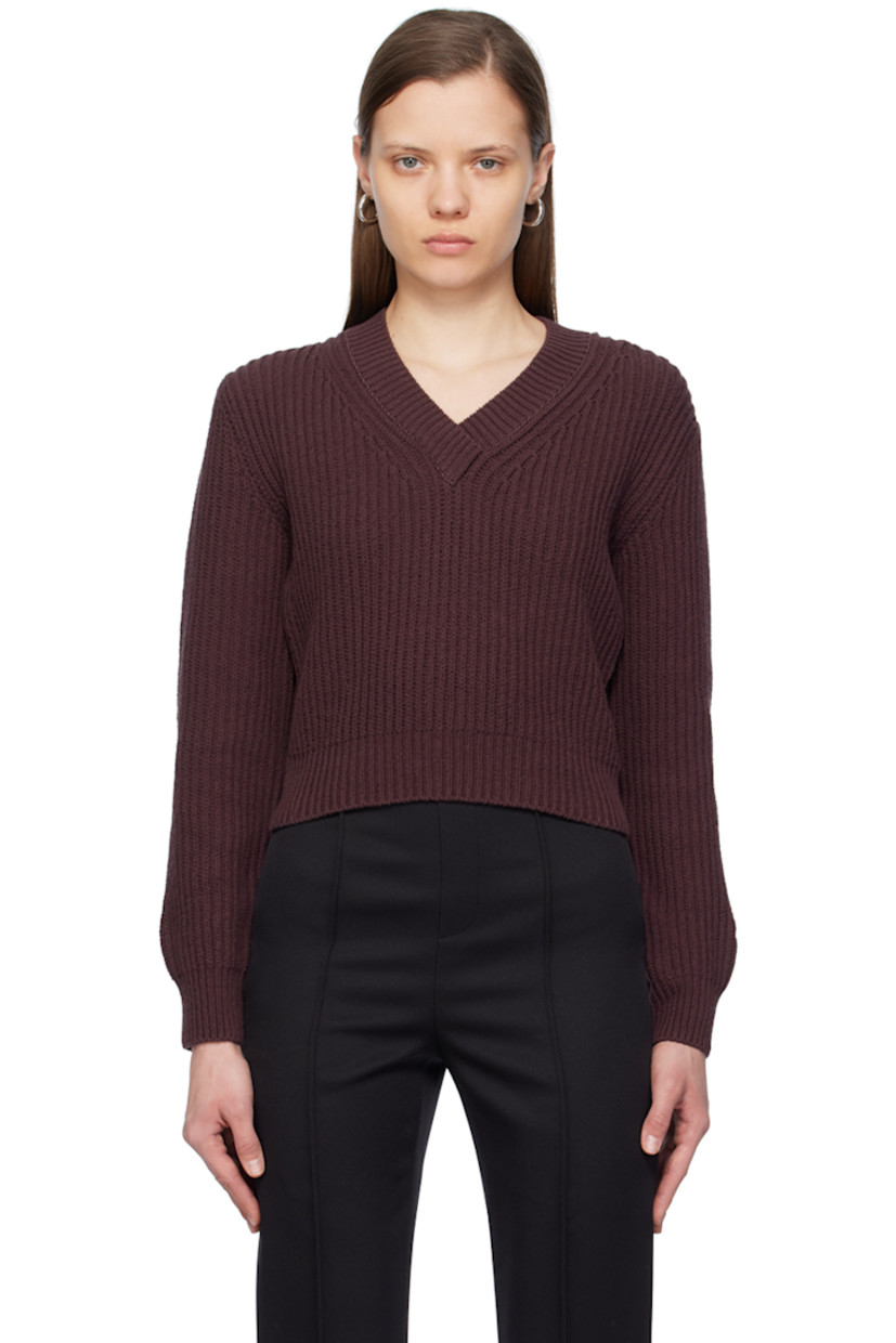 Rib knit cotton sweater. 

· V-neck
· Cropped hem
· Dropped shoulders
· Logo patch at cuff

Supplier color: Brown