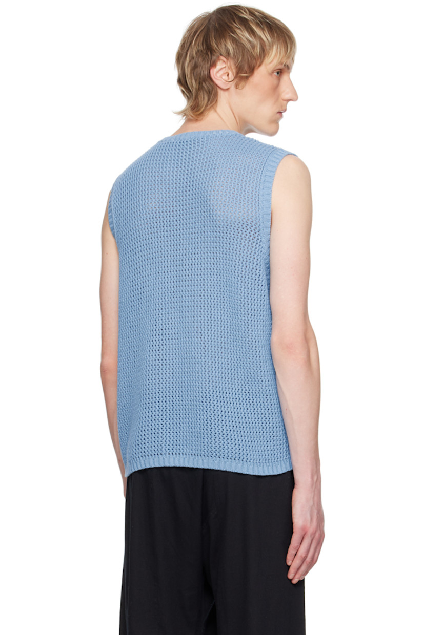 Open knit cotton tank top. Rib knit V-neck, hem, and armscyes.

Supplier color: Blue