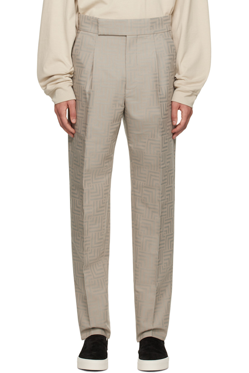 Tapered straight-leg plain-woven virgin wool-blend trousers. Jacquard graphic pattern throughout. 

· Four-pocket styling
· Zip-fly
· Logo patch at back pocket
· Pleats at front 
· Creased legs

Supplier color: Dove grey