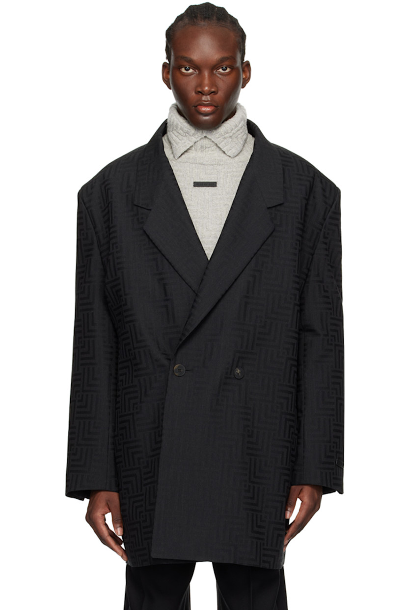 Virgin wool- and polyester-blend twill blazer. Jacquard graphic pattern throughout. 

· Notched lapel
· Double-breasted button closure
· Seam pockets
· Logo patch at cuff
· Buttoned vent at cuffs
· Locker loop at back collar
· Welt pockets at interior 
· Full satin lining
· Horn hardware

Supplier color: Black