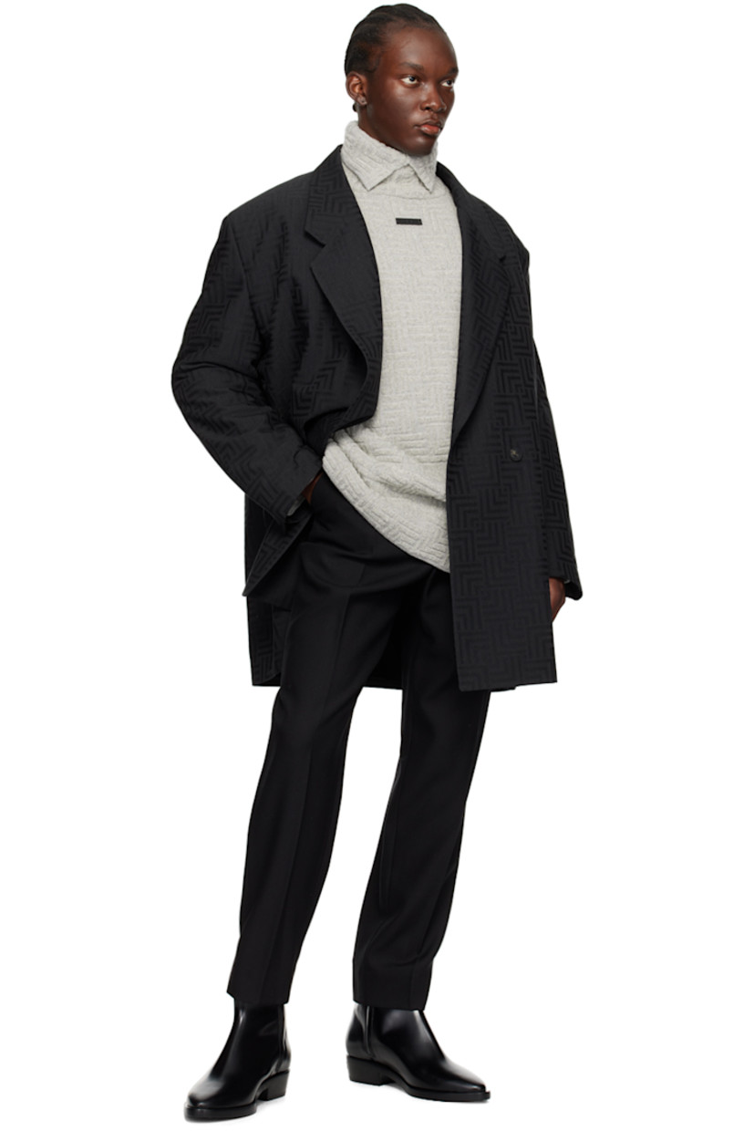 Virgin wool- and polyester-blend twill blazer. Jacquard graphic pattern throughout. 

· Notched lapel
· Double-breasted button closure
· Seam pockets
· Logo patch at cuff
· Buttoned vent at cuffs
· Locker loop at back collar
· Welt pockets at interior 
· Full satin lining
· Horn hardware

Supplier color: Black