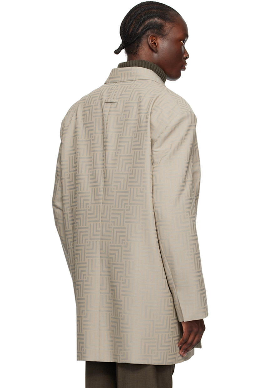 Virgin wool- and polyester-blend twill blazer. Jacquard graphic pattern throughout. 

· Notched lapel
· Double-breasted button closure
· Seam pockets
· Logo patch at cuff
· Buttoned vent at cuffs
· Locker loop at back collar
· Welt pockets at interior 
· Full satin lining
· Horn hardware

Supplier color: Dove grey