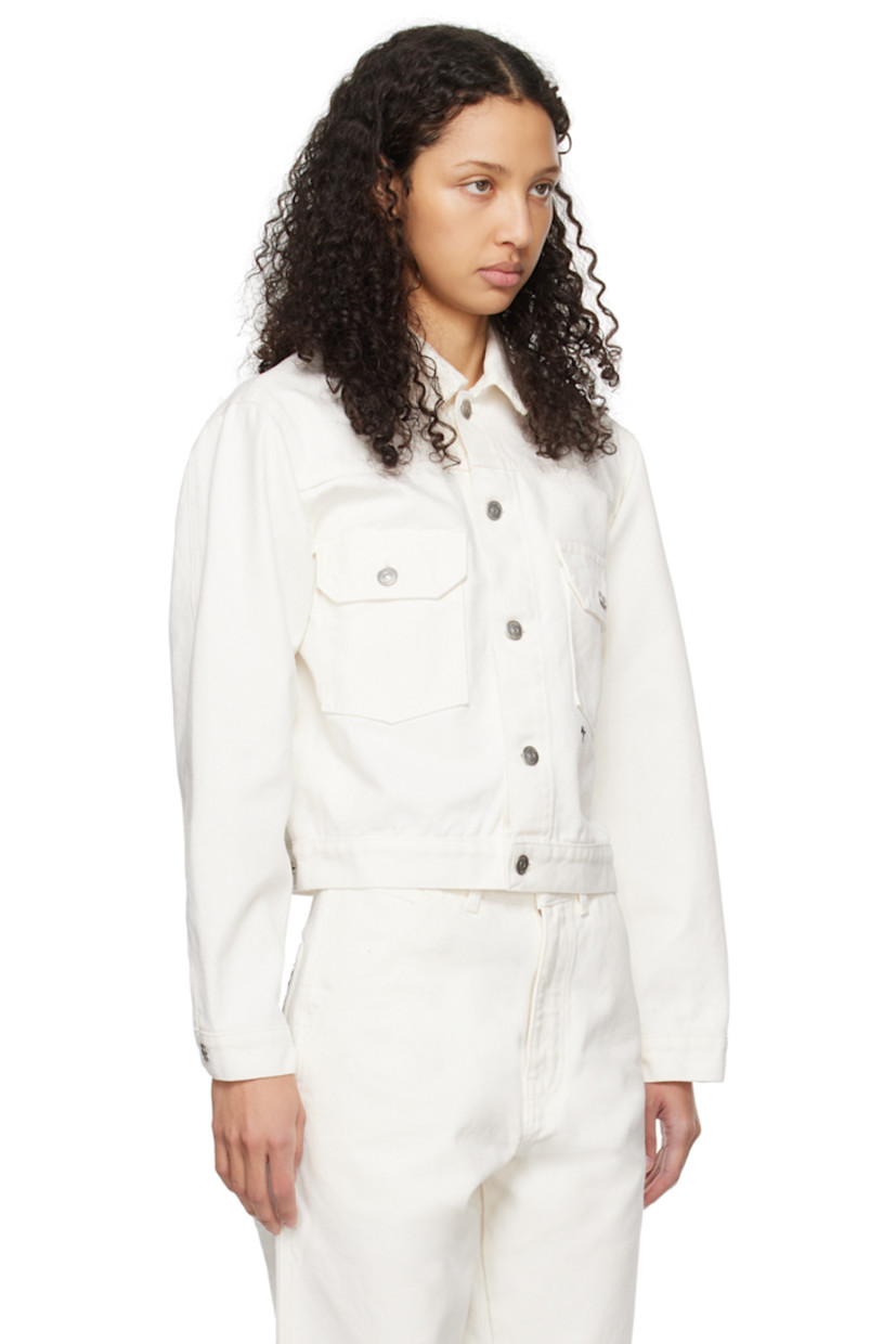 Non-stretch denim jacket.

· Corduroy trim at spread collar
· Button closure
· Flap pockets
· Logo embroidered at front
· Single-button barrel cuffs
· Logo patch at back yoke
· Adjustable button-tabs at back hem

Supplier color: White