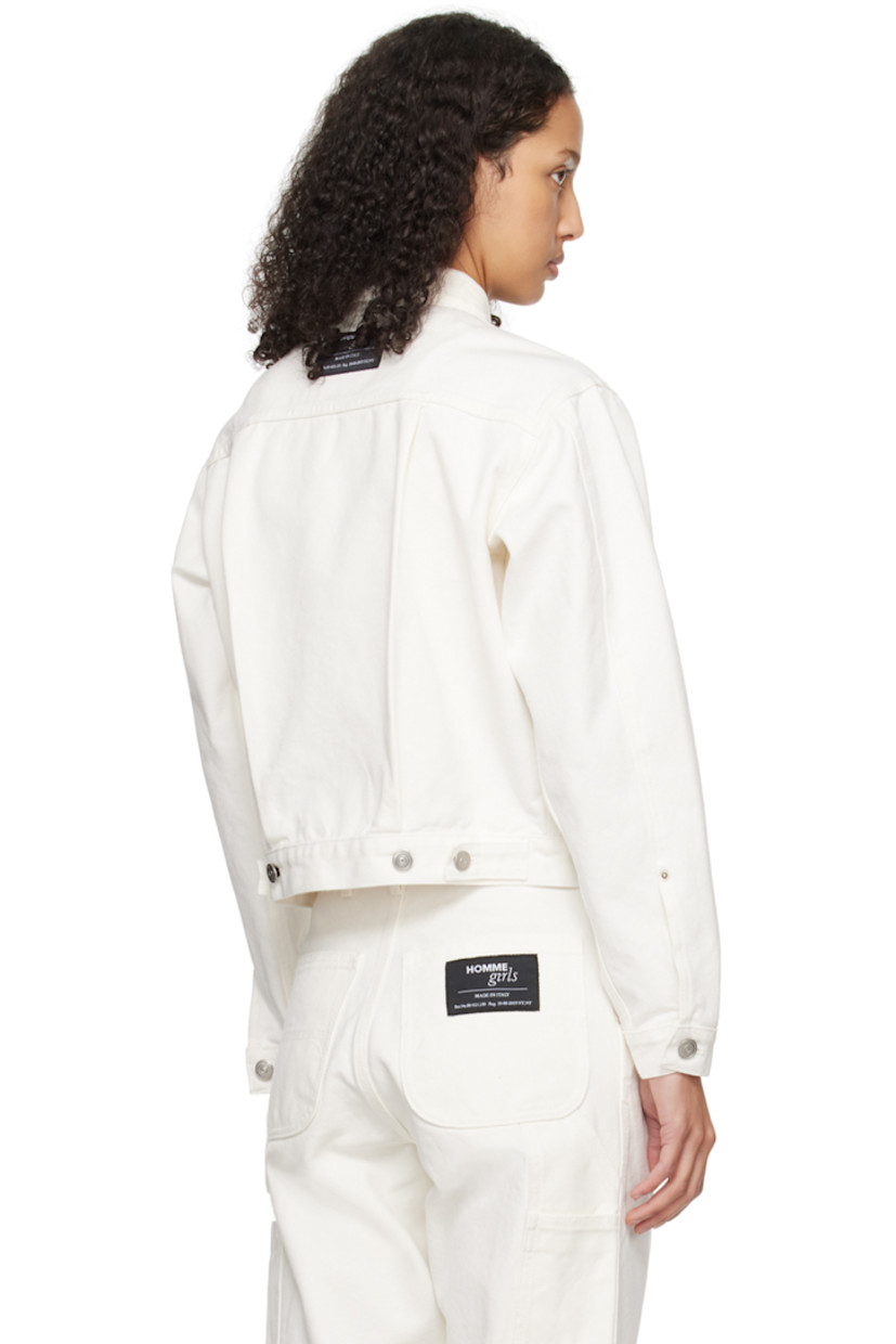 Non-stretch denim jacket.

· Corduroy trim at spread collar
· Button closure
· Flap pockets
· Logo embroidered at front
· Single-button barrel cuffs
· Logo patch at back yoke
· Adjustable button-tabs at back hem

Supplier color: White