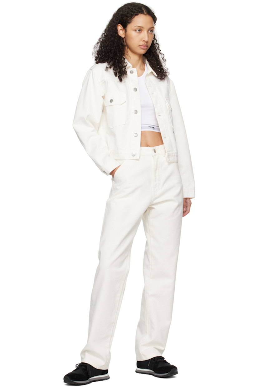 Non-stretch denim jacket.

· Corduroy trim at spread collar
· Button closure
· Flap pockets
· Logo embroidered at front
· Single-button barrel cuffs
· Logo patch at back yoke
· Adjustable button-tabs at back hem

Supplier color: White