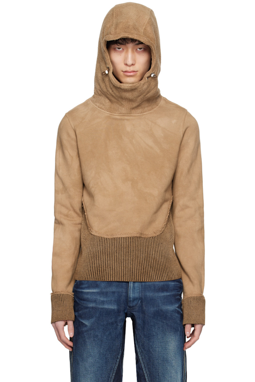 Garment-dyed French terry and rib knit merino wool-blend hoodie. Fading and raw edges throughout.

· Paneled construction
· Bungee-style drawstring at reverse French terry hood
· Funnel neck

Supplier color: Brown garment dye