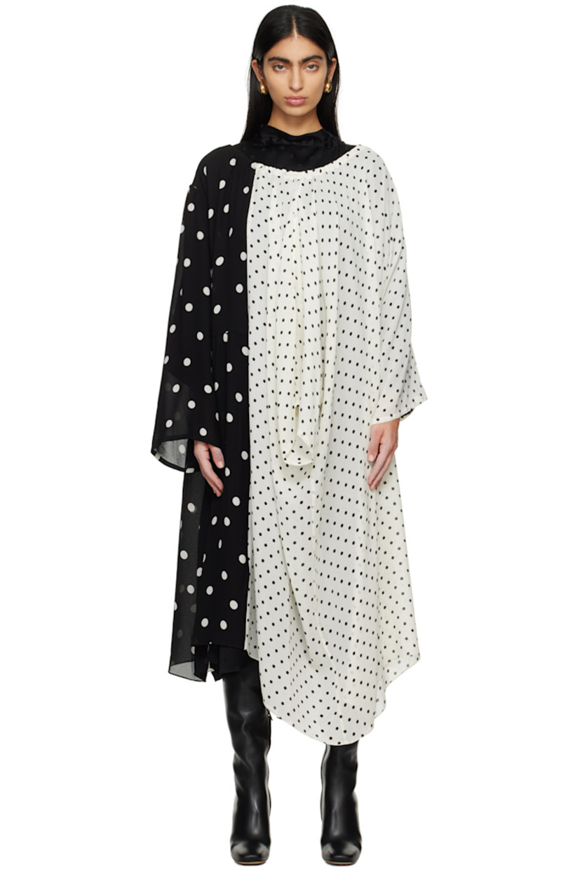 Viscose crepe and silk twill dress. Polka dots throughout.

· Asymmetrical, wrap, and layered construction
· Self-tie fastening at mock neck
· Detachable belt and belt loops at waist
· Gathering at waist and shoulders

Supplier color: Variable polka dots